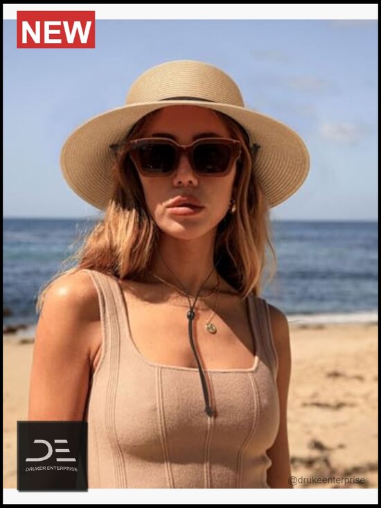 Womens Wide Brim Sun Hat with Wind Lanyard UPF 50+ Straw